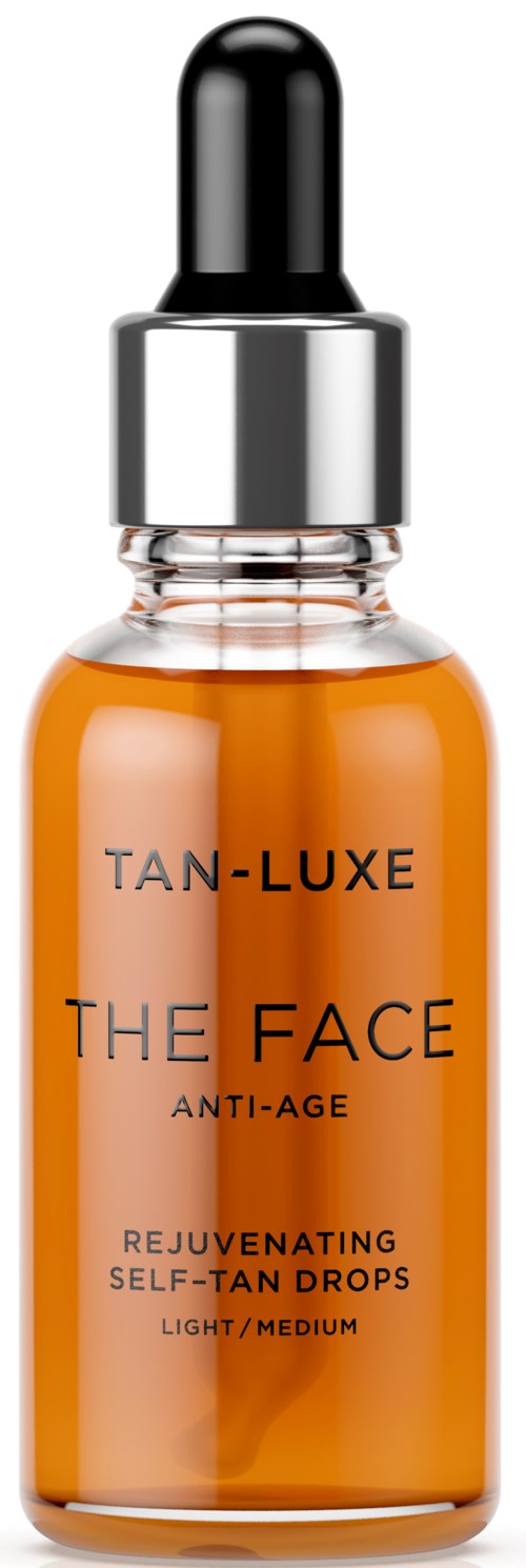 En hudpleieflaske med dråpeteller merket "TAN-LUXE THE FACE" for anti-age selvbruningsdråper. Inneholder oransje væske.