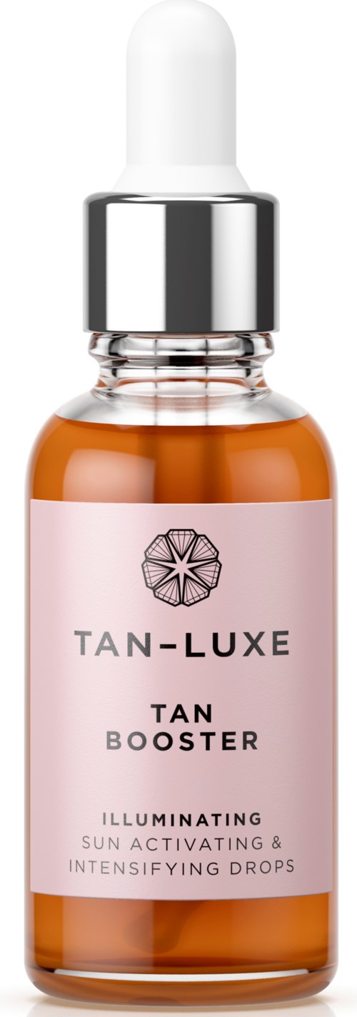 En liten flaska med droppflaska innehåller ett brun-boosterserum märkt 'Tan-Luxe Tan Booster'. Det ska aktivera sol och ge glow.