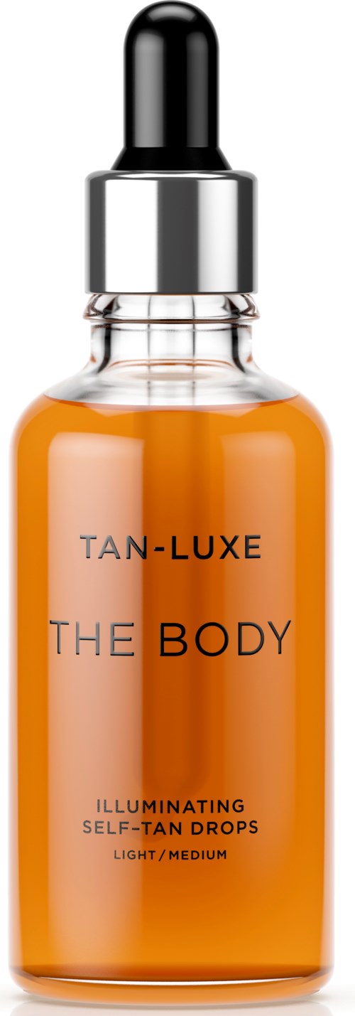 En liten glasflaska med orange vätska och en svart pipettlock, märkt 'TAN-LUXE THE BODY'.