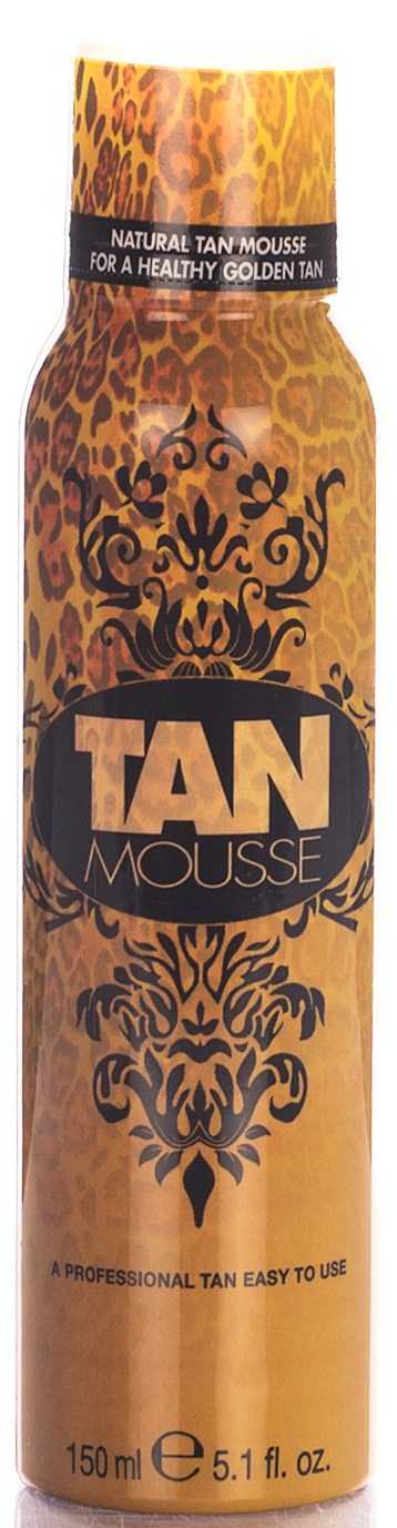 En lang, orange flaske med sort dyremønster og dekorative sorte mønstre, mærket "TAN MOUSSE" til solbruning.