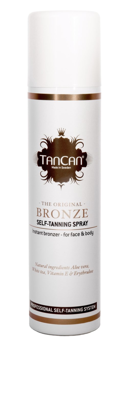 Valkoinen itseruskettava suihkepullo ruskeilla ja kultaisilla korostuksilla, lukee 'TANCan' ja 'Bronze Self-Tanning Spray.'
