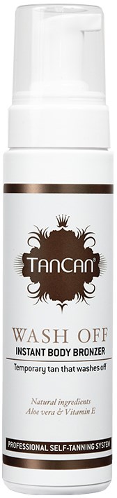 Valkoinen spraypullo ruskealla etiketillä ja suihkusuuttimella, merkinnällä 'TANCAN' nopeaan kehon päivettymiseen.