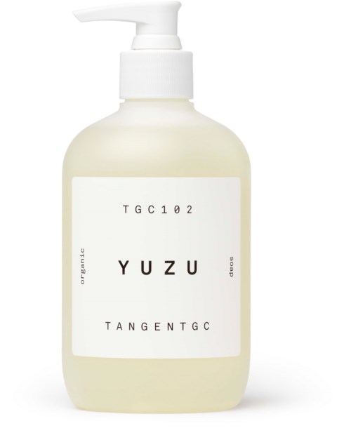A white bottle with a pump, labeled 'YUZU' and 'TANGENTGC'. It appears to be a skincare or cosmetic product.