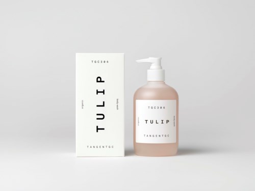 A pink bottle with a pump next to a white box, both labeled 'TULIP' and 'TANGENTGC'.