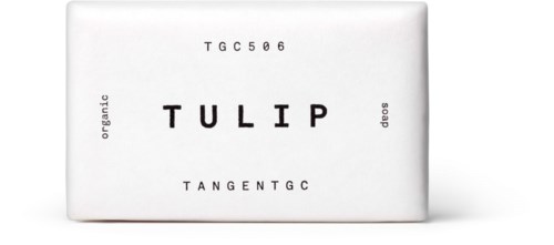 En vit tvålpåse med svart text som visar produktkod, namnet 'TULIP' och några beskrivande ord.