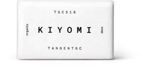 A white soap package with words and numbers, including 'KIYOMI' and 'TANGENTGC,' arranged in a simple design.