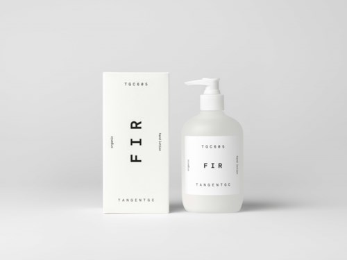 A white bottle with a pump and a white box, both labeled "FIR" and "Tangent GC".