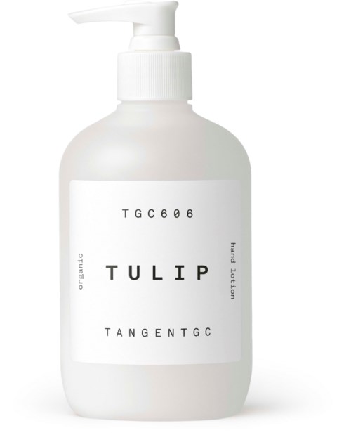White lotion bottle with a pump and minimalist label reading 'TULIP' and 'TANGENTGC'.