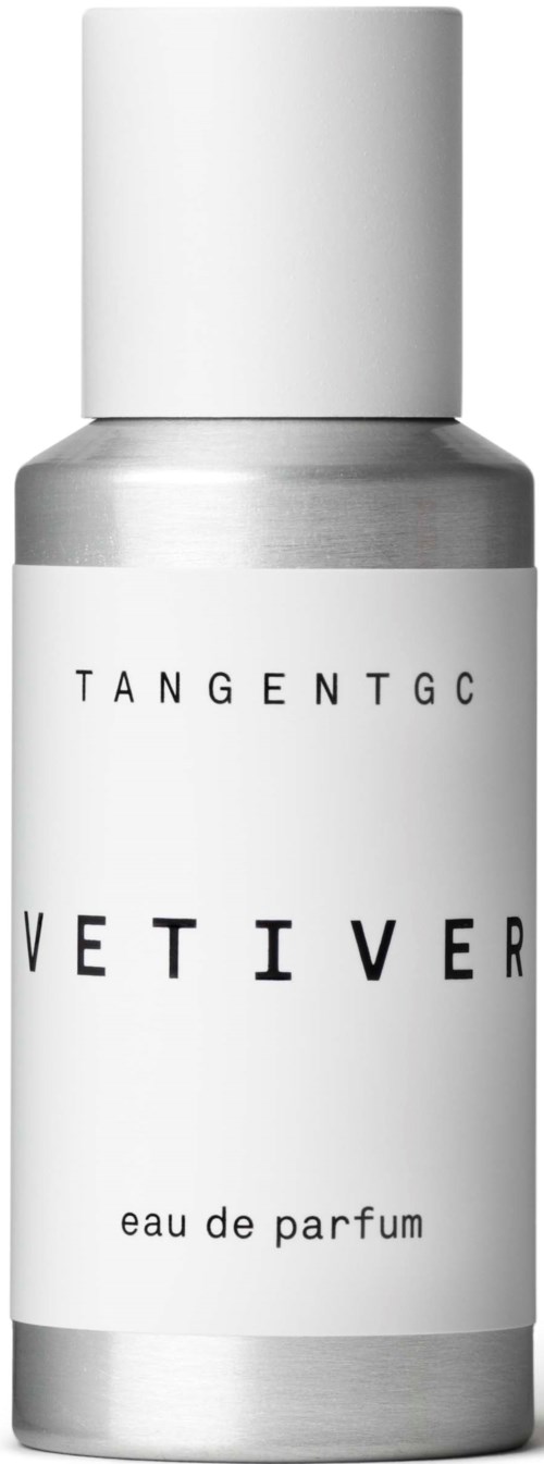 Pieni, valkoinen tuoksuboxi, jossa on yksinkertainen musta teksti "VETIVER," "TANGENT GC," ja "eau de parfum."