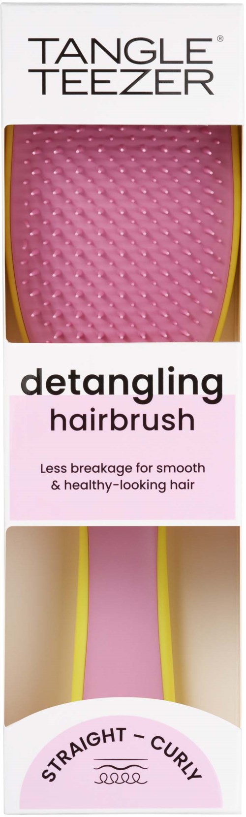 A pink hairbrush with a yellow trim, designed for detangling straight or curly hair, helps keep hair healthy.