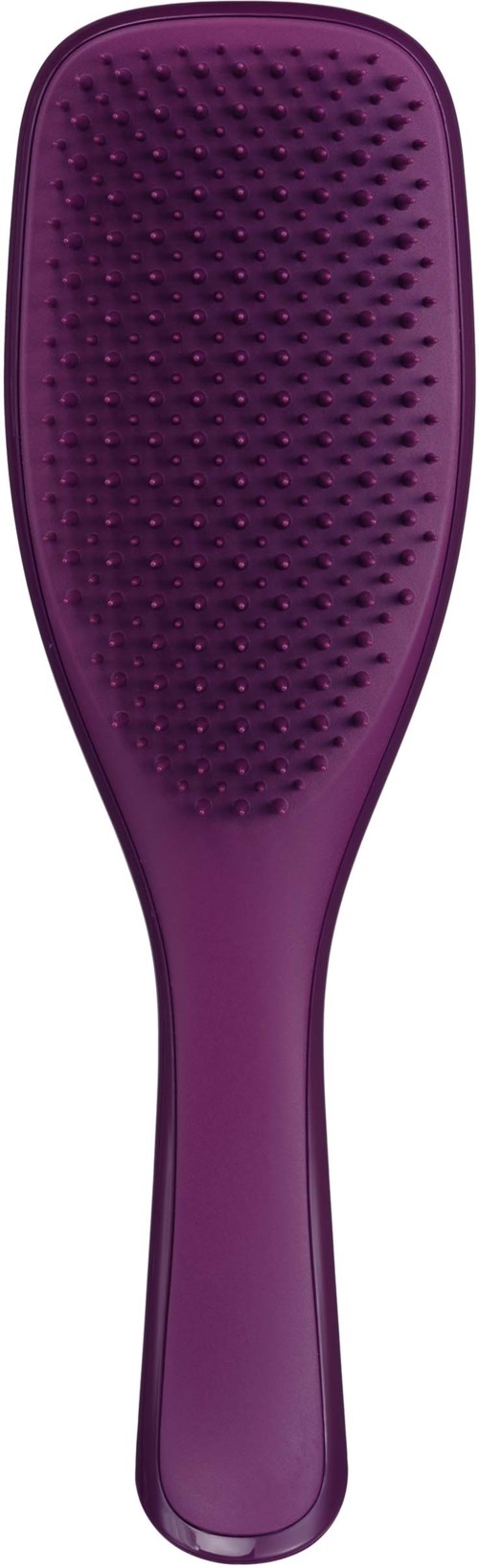 A purple hairbrush with a handle and small bristles on the surface.
