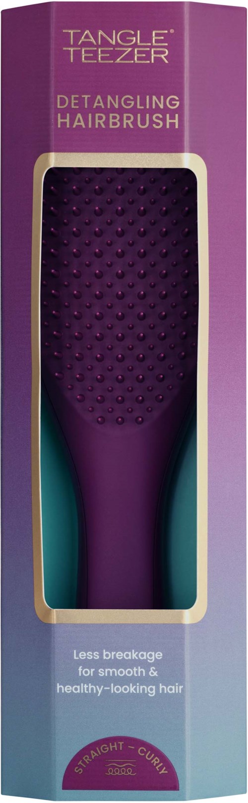 Purple hairbrush with a textured handle, packed in purple and light blue box, advertising for smooth, healthy hair.
