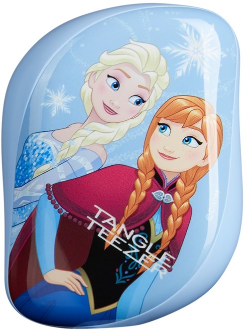 Two princesses, Elsa with blonde hair, and Anna with red hair, smiling inside a snow-themed scene.