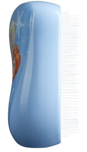 A blue plastic hairbrush with illustrations of cartoon characters and white bristles.