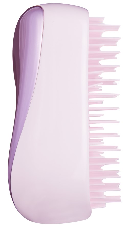 A pink and purple grooming tool with thick bristles, likely for cleaning or grooming pets or hair.