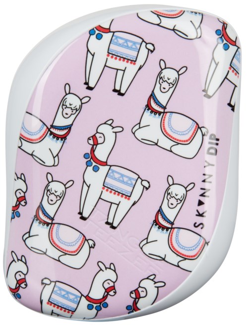 A tray with a pink background, decorated with cute white llamas wearing colorful blankets and necklaces.