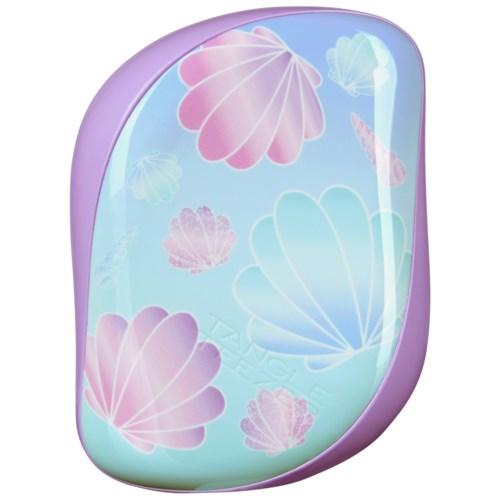 A purple case with a transparent front showing pastel-colored shells and sea motifs.