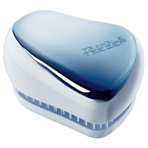 En vit och blå Tangle Teezer-hårborste med rund form och texturerad grepp.