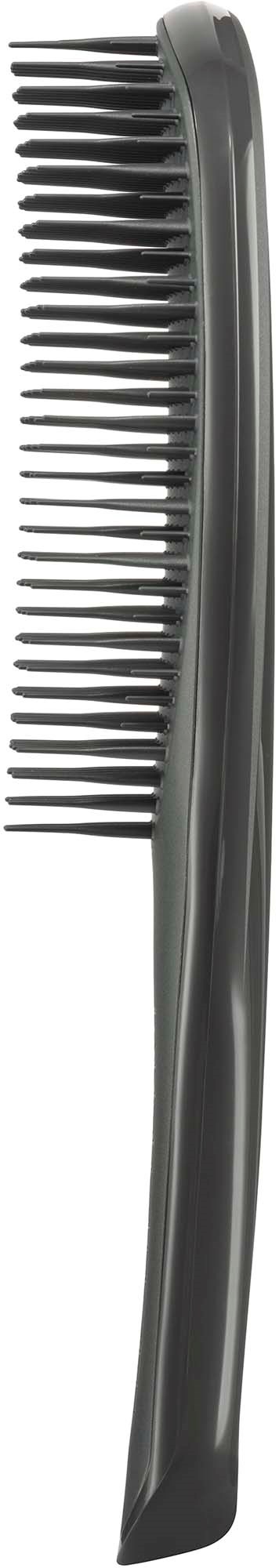 A black hair comb with widely spaced teeth and a curved handle.