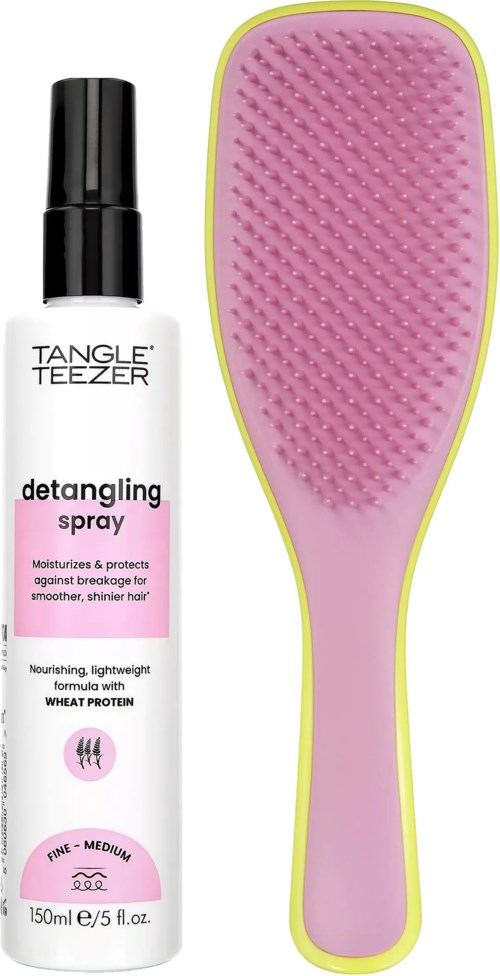A detangling spray bottle and a pink hairbrush with yellow edges for smoothing hair.