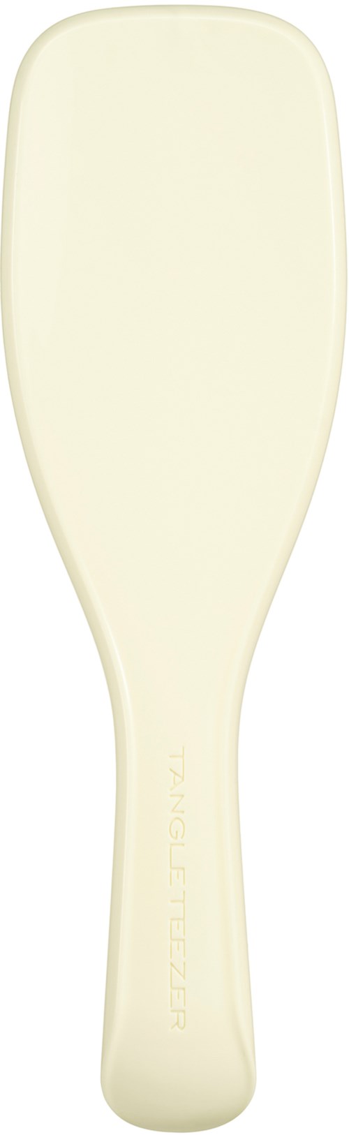 Een beige schoenspanner met gebogen handvat en platte uiteinde, ontworpen om schoenen gemakkelijk aan te trekken.