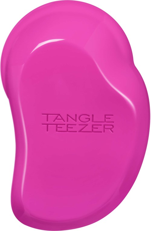 Pink Tangle Teezer hairbrush with curved shape and embossed brand name.
