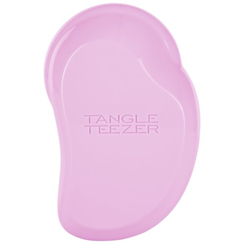 Ett rosa, bönformigt verktyg med orden "Tangle Teezer" skrivet på det, används för hårstyling.