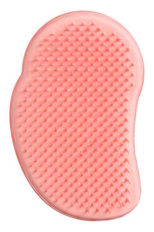 A pink foot-shaped scrub brush with soft spikes for cleaning skin or feet.