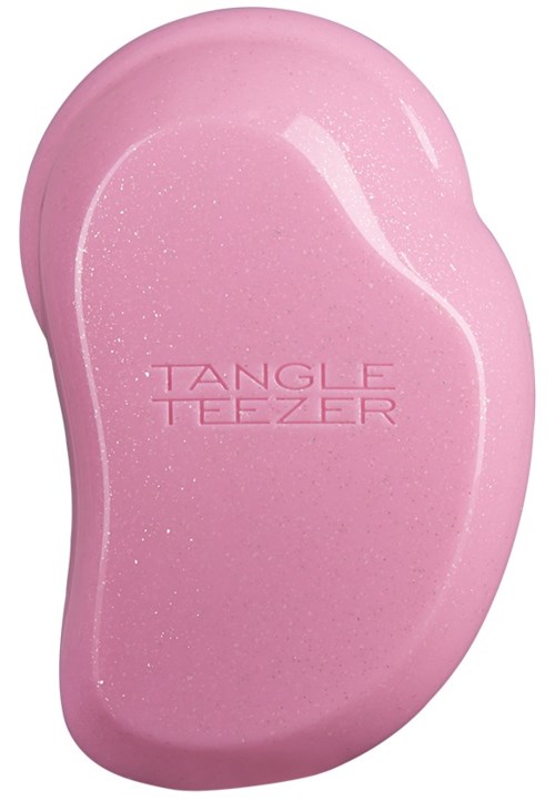 Pink soap with the brand name Tangle Teezer engraved on it. It has a shiny, smooth surface and a curved shape.