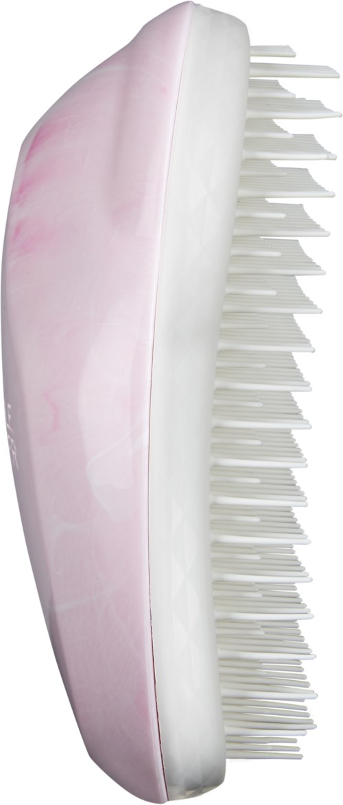 A pink and white hairbrush with many white bristles and a curved shape.