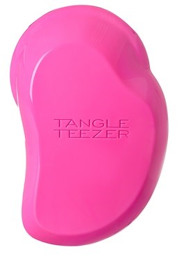 Pink Tangle Teezer hairbrush with a curvy, ergonomic shape and the brand name on it.