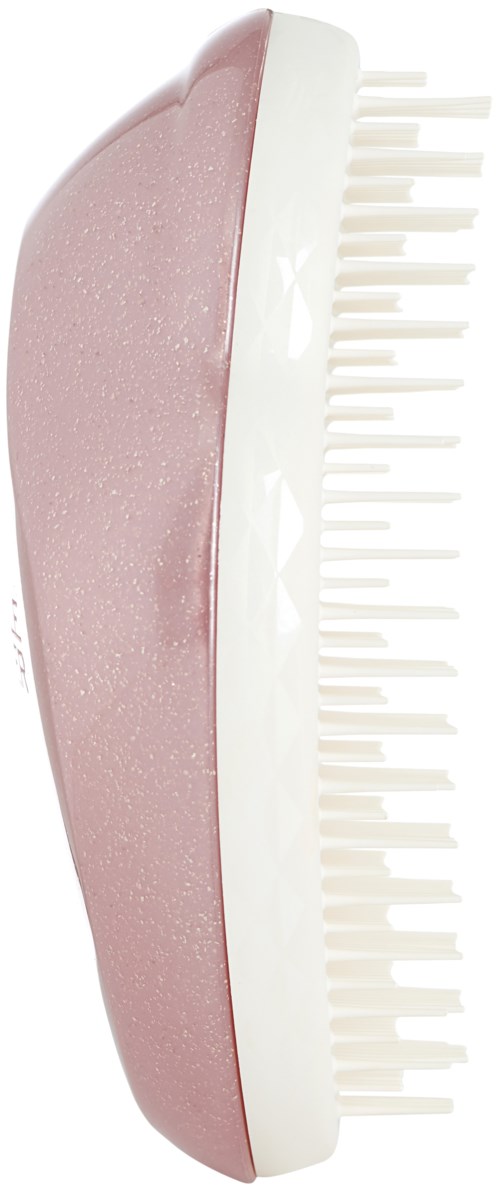 A pink hairbrush with white bristles, curved shape, designed for detangling hair.