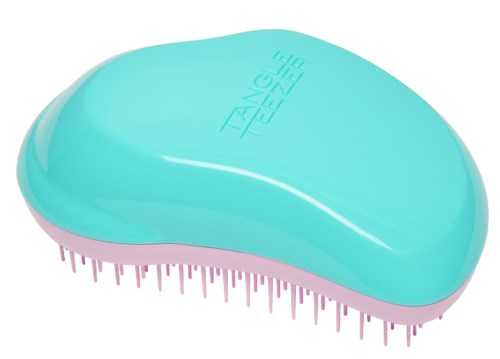 A small, light blue and pink hairbrush with a rounded shape and many small bristles.