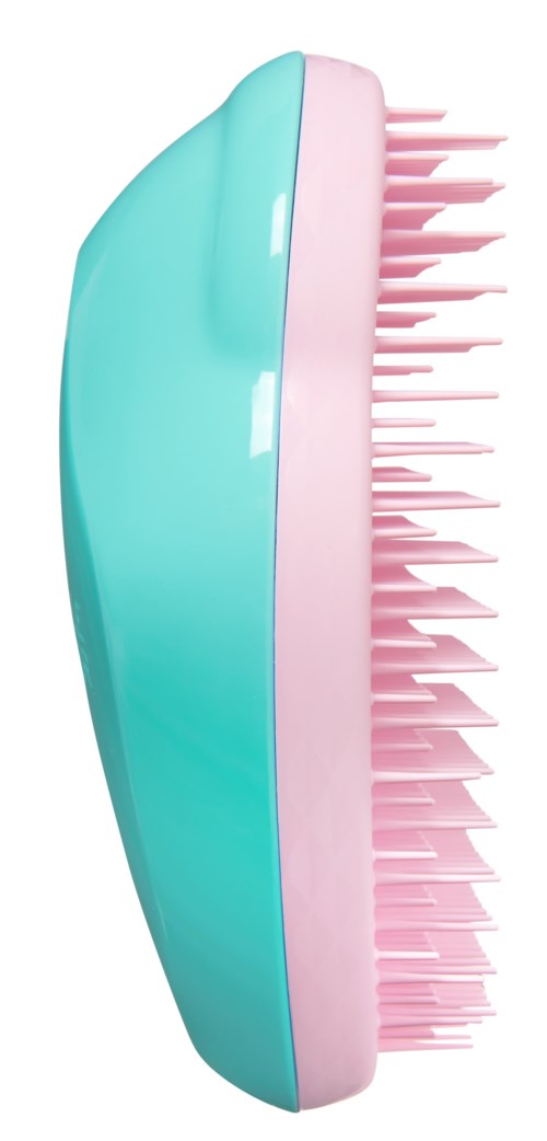 A teal and pink hairbrush with many teeth, viewed from the side.