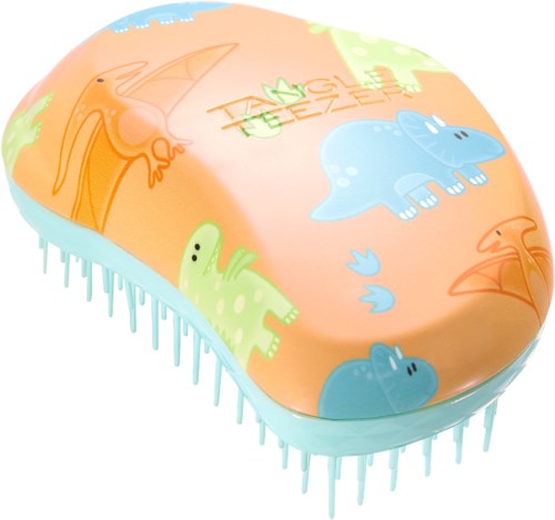 En färgglad plastborste med dinosaurieillustrationer och orden "TAGS THE BEST."