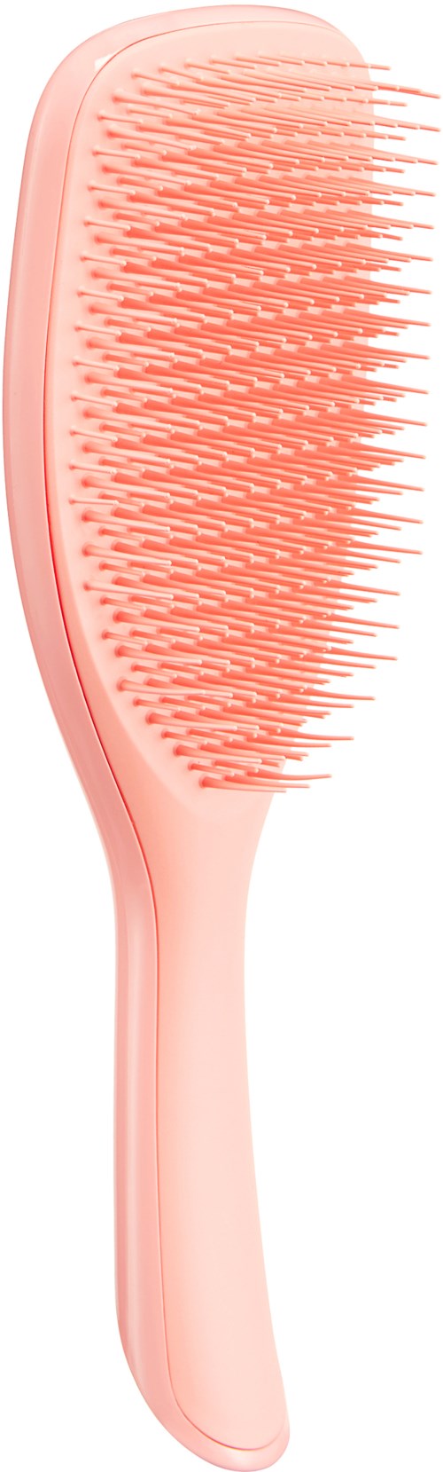 A pink hairbrush with wide, soft bristles and a curved handle, designed for gentle hair brushing.