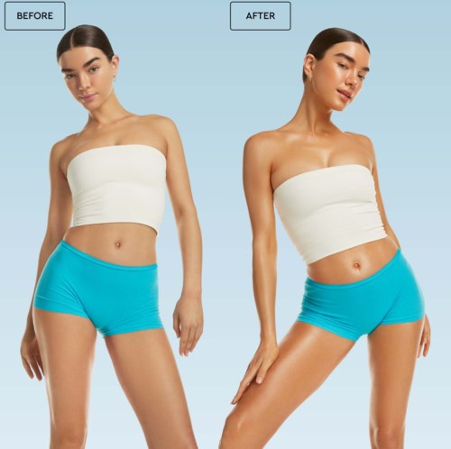 En kvinna visar en smalare kroppsändring i 'före' och 'efter' bilder, bärande en vit topp och blå shorts.