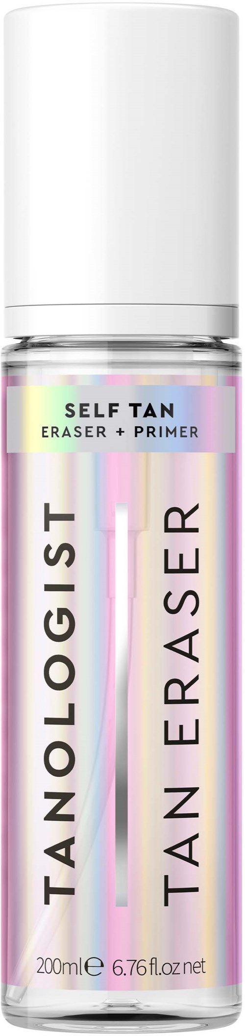 Eine kleine Sprühflasche mit der Aufschrift 'Self Tan Eraser + Primer' und holografischen Effekten auf dem Etikett.