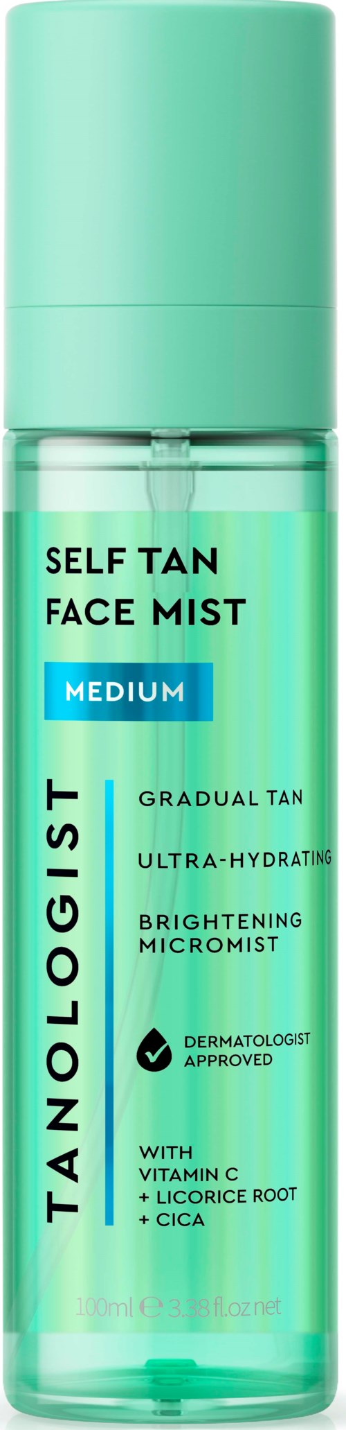 Ein türkisfarbener Flakon mit Self Tan Face Mist, mittlere, allmähliche Bräune, aufhellende Inhaltsstoffe, Vitamin C, Süßholzwurzel und Cica.