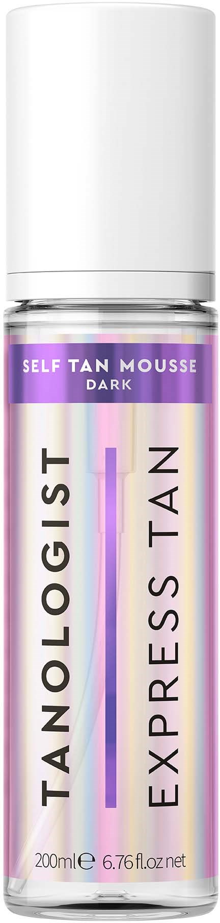 Eine weiße Flasche mit lila Etikett, das 'Self Tan Mousse Dark' und 'TAN' sowie 'Express Tan' sagt.