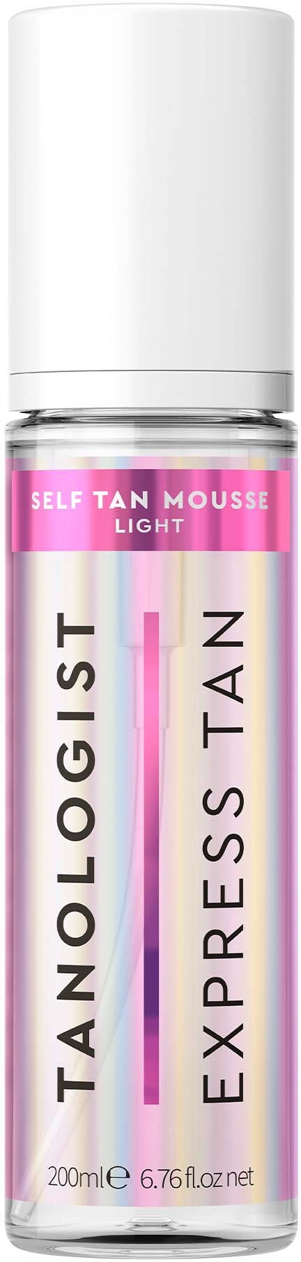 Eine Flasche Selbstbräunungsmousse mit der Aufschrift 'Express Tan' in Pink und Weiß.