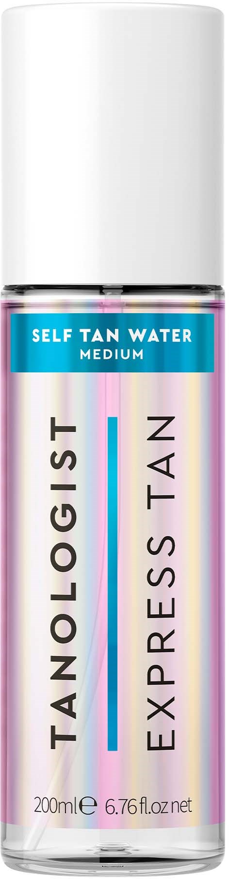 Eine Flasche Selbstbräunungswasser mit der Aufschrift "TANLOGIST EXPRESS TAN" und einem blauen Etikett für mittleren Farbton.