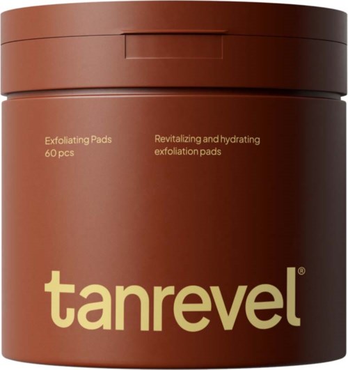 Een ronde bruine container met deksel, gemerkt 'tanrevel' en noemt exfoliërende en hydraterende pads.