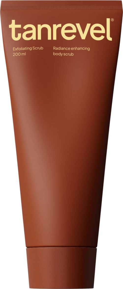 Een bruine buis met 'tanrevel' en tekst over lichaamscrème, 200 ml, en het doel ervan.