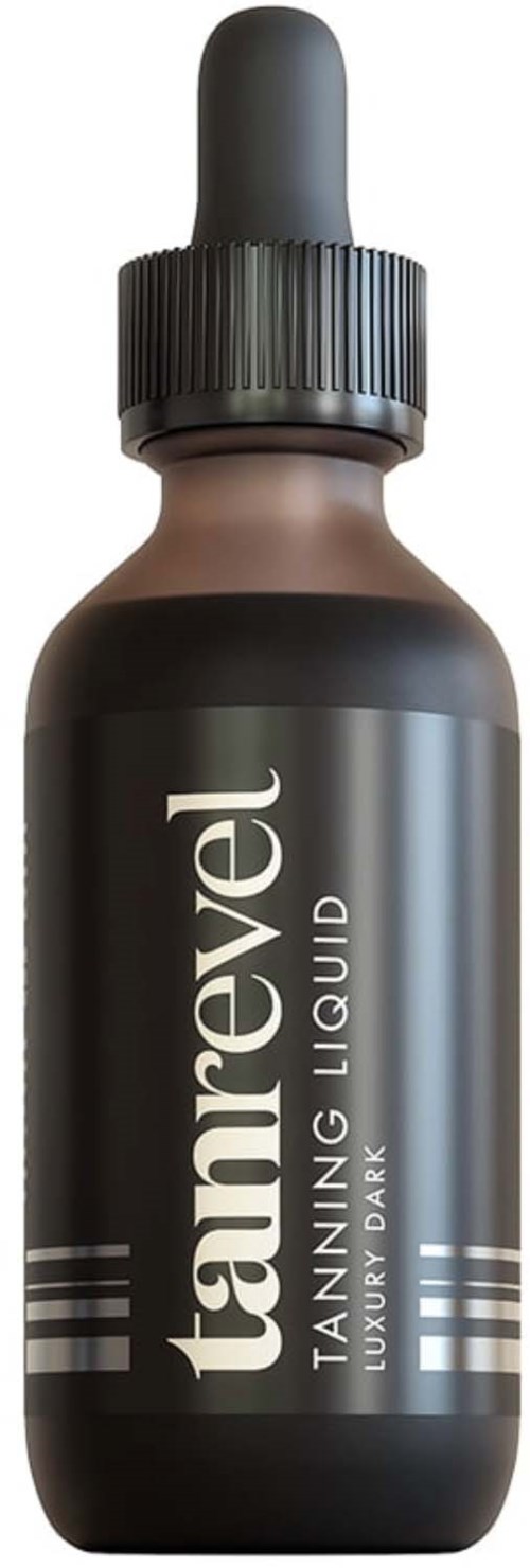 En liten mörk flaska med droppkork. Etiketten säger 'fanelvel Tanning Liquid Luxury Dark'.
