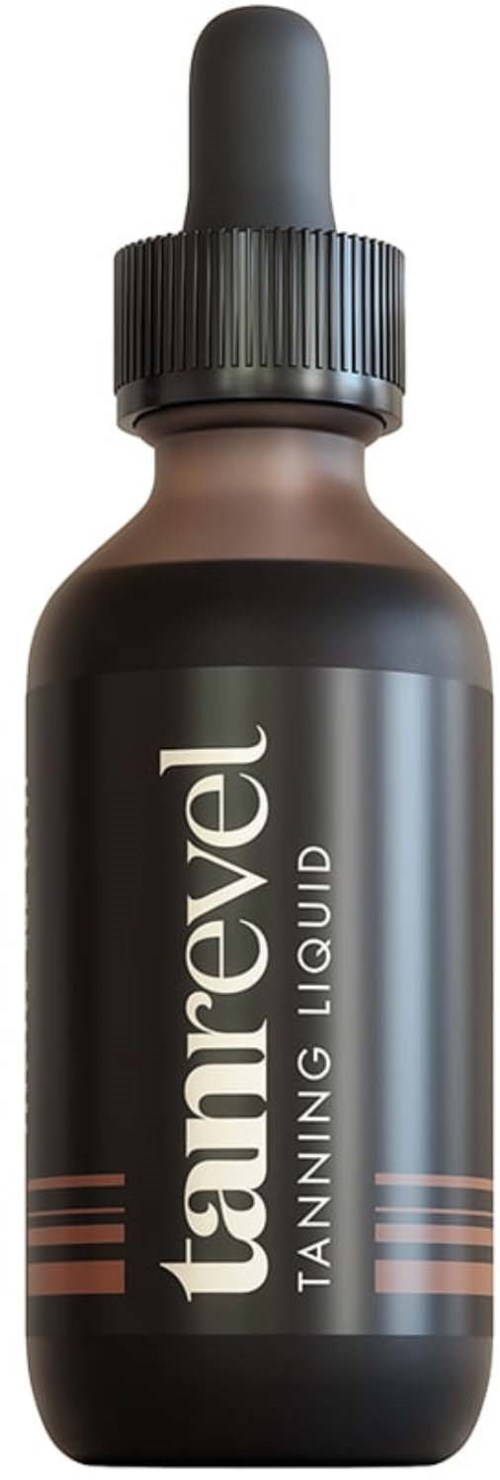 En liten mørk flaske med dråpetrekker, merket 'Tanner Veil Tanning Liquid'.
