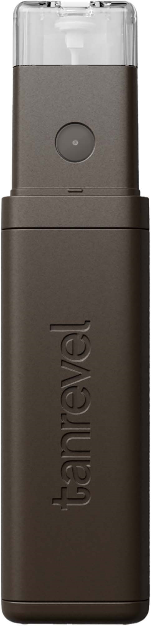Travel-sized brown spray container with a clear cap and button on the top, labeled Tanteel.