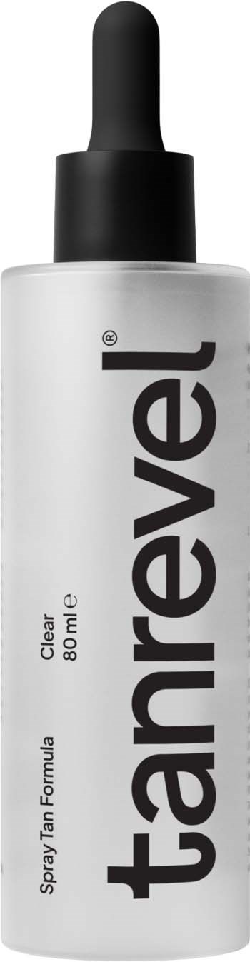 En vit flaska med svart lock och pipett, kallad "tanrevel," erbjuder spraytan-formel, 80 mL.