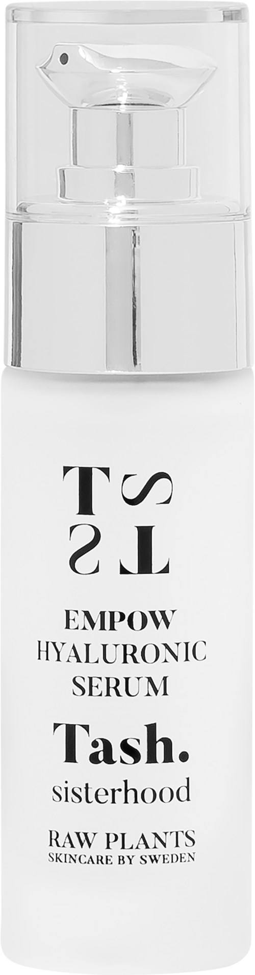 En vit flaska med hyaluronsyra-serum med pump och svart text, inklusive varumärke och produktinformation.