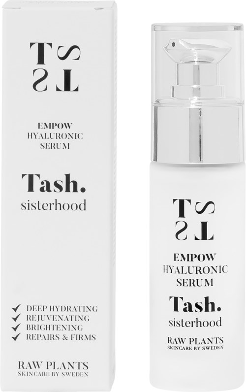 En vit flaska med pump och dess förpackning. Etiketten säger "Tash. sisterhood" och "Empow Hyaluronic Serum."